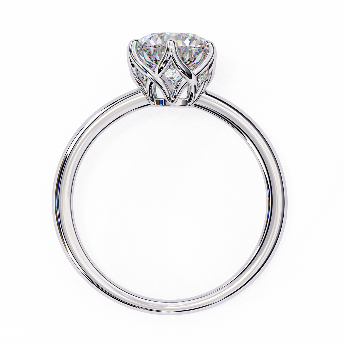 Classic round solitaire diamond engagement ring in white gold featuring a 1.56 CT round brilliant center stone with six-prong cathedral setting and hidden accent diamonds.