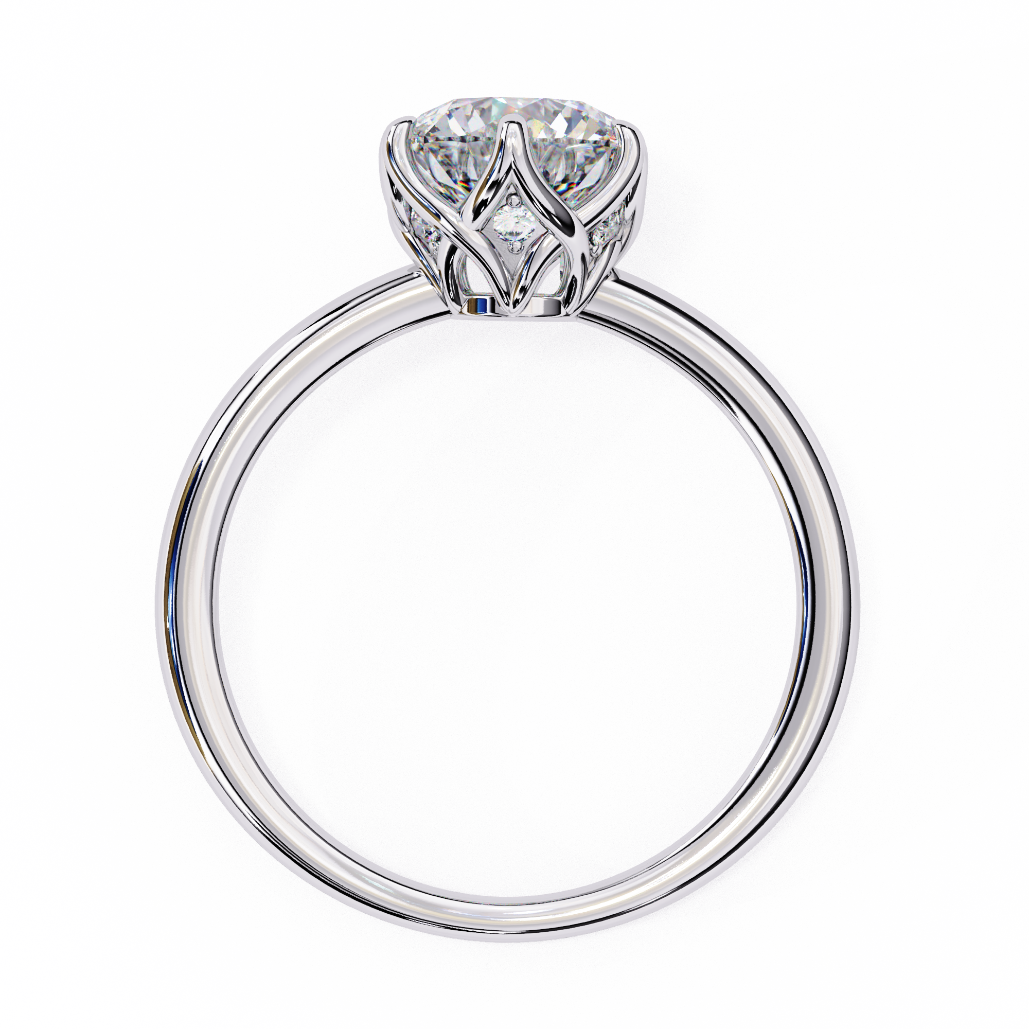 Classic round solitaire diamond engagement ring in white gold featuring a 1.56 CT round brilliant center stone with six-prong cathedral setting and hidden accent diamonds.