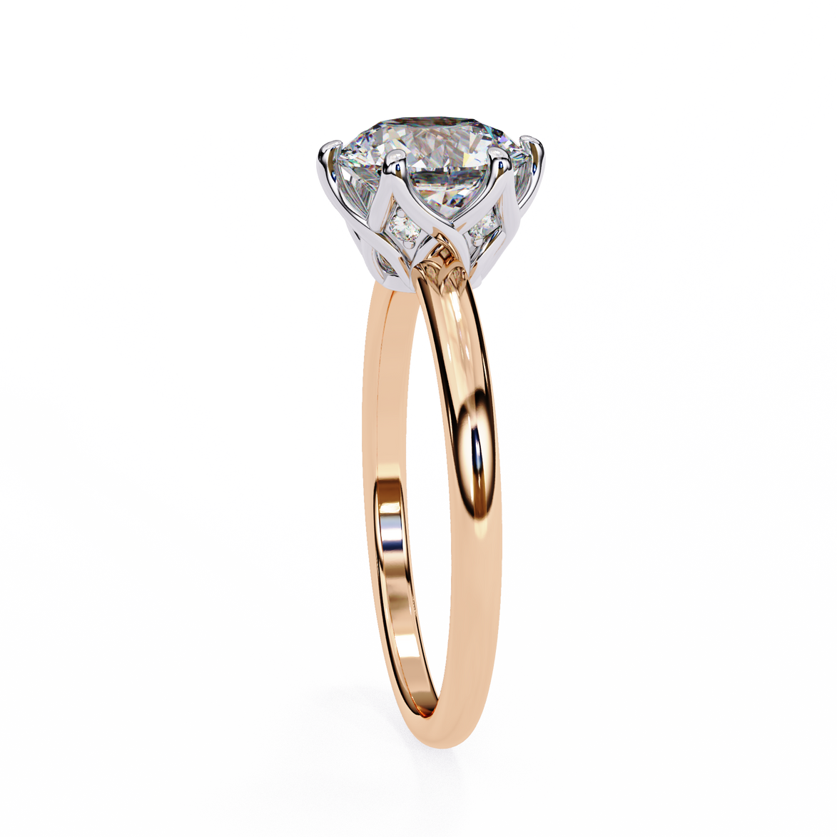 Rose gold ring with a diamond on a white background