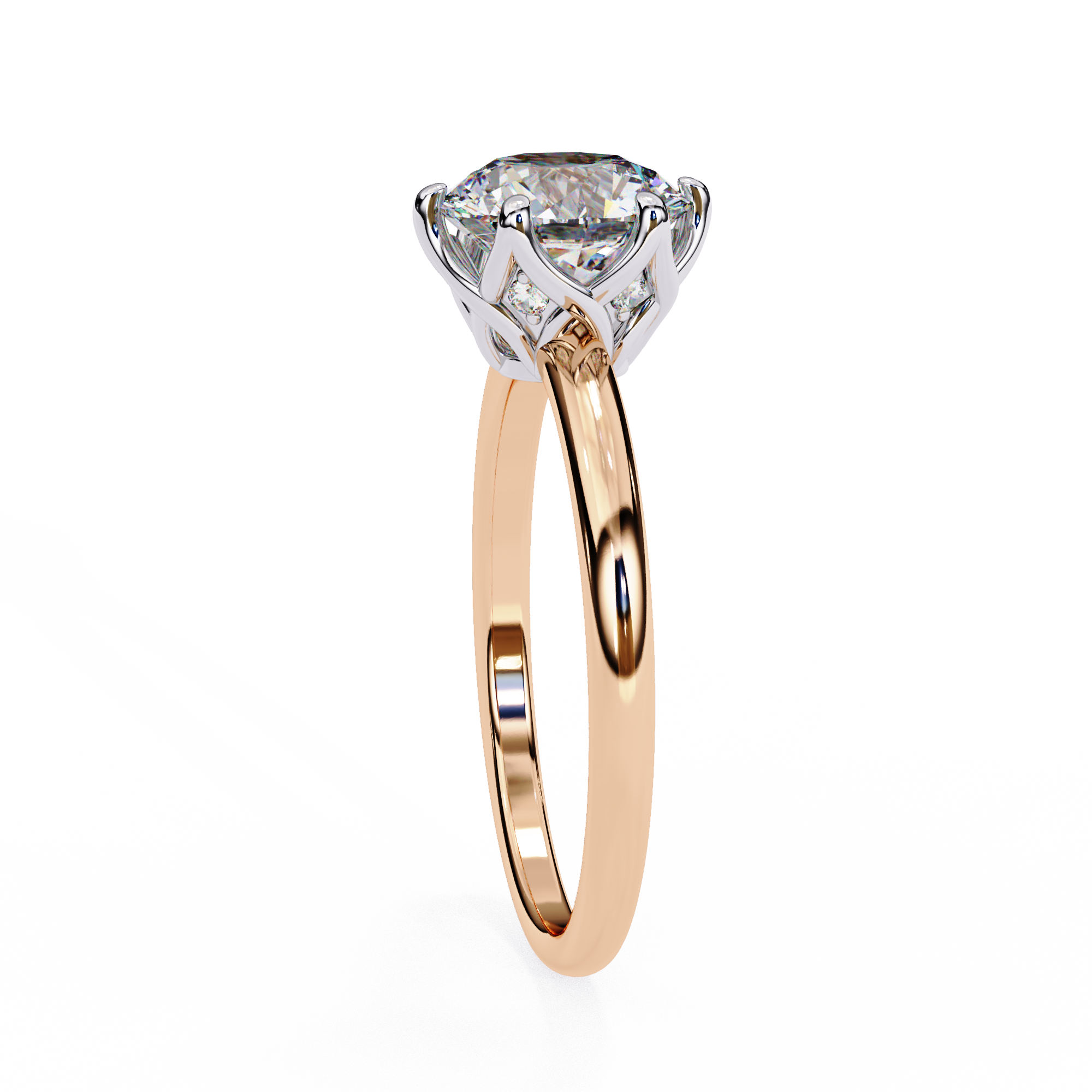 Rose gold ring with a diamond on a white background