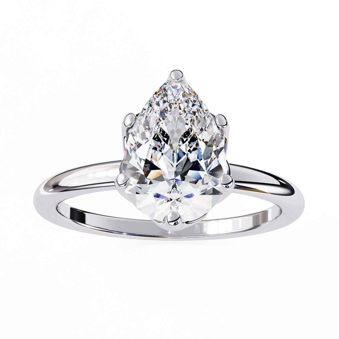 Diamond ring with a pear-shaped gemstone on a white background
