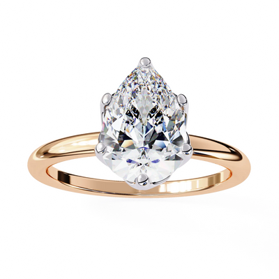Rose gold ring with a pear-shaped diamond on a white background