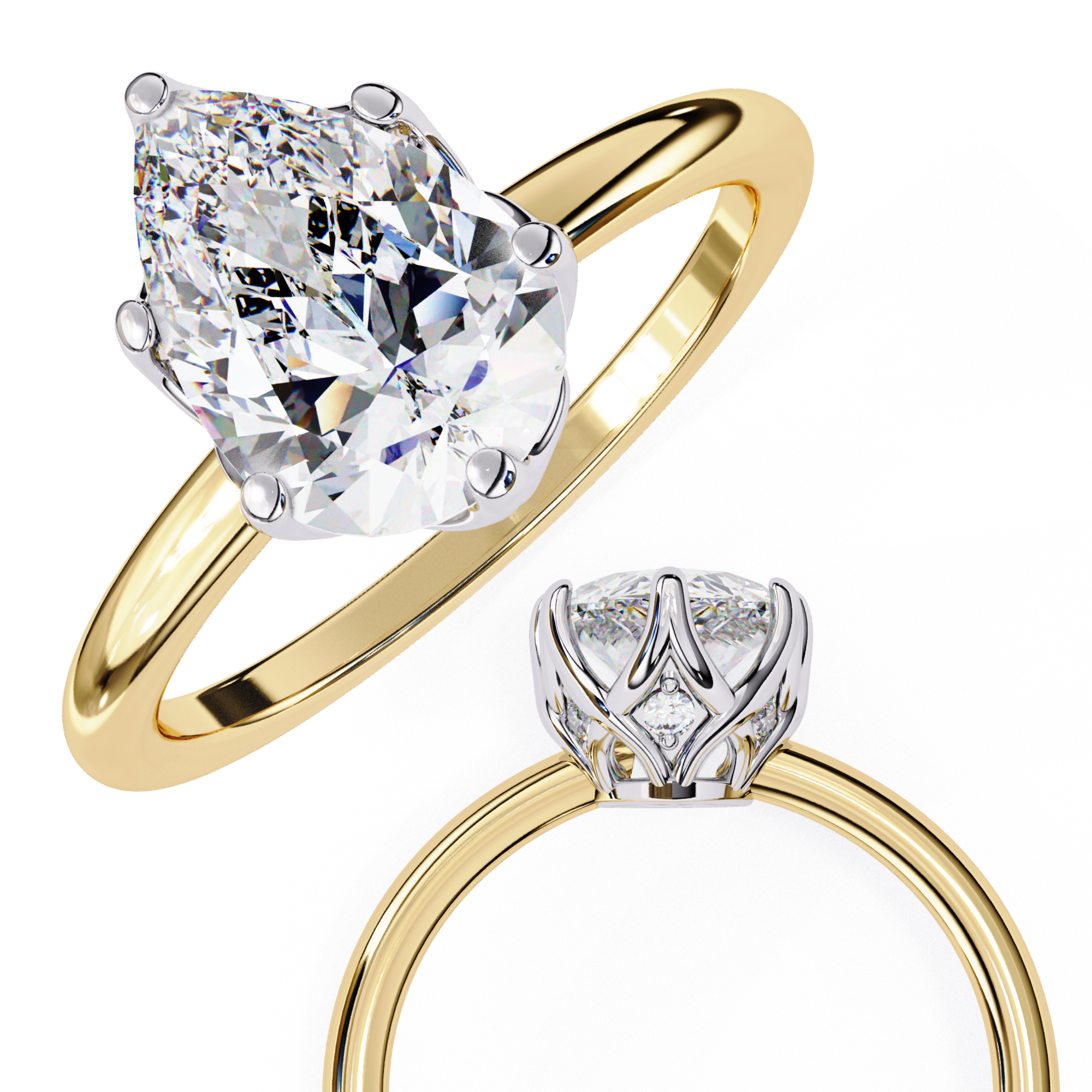 Two diamond rings with gold bands on a white background