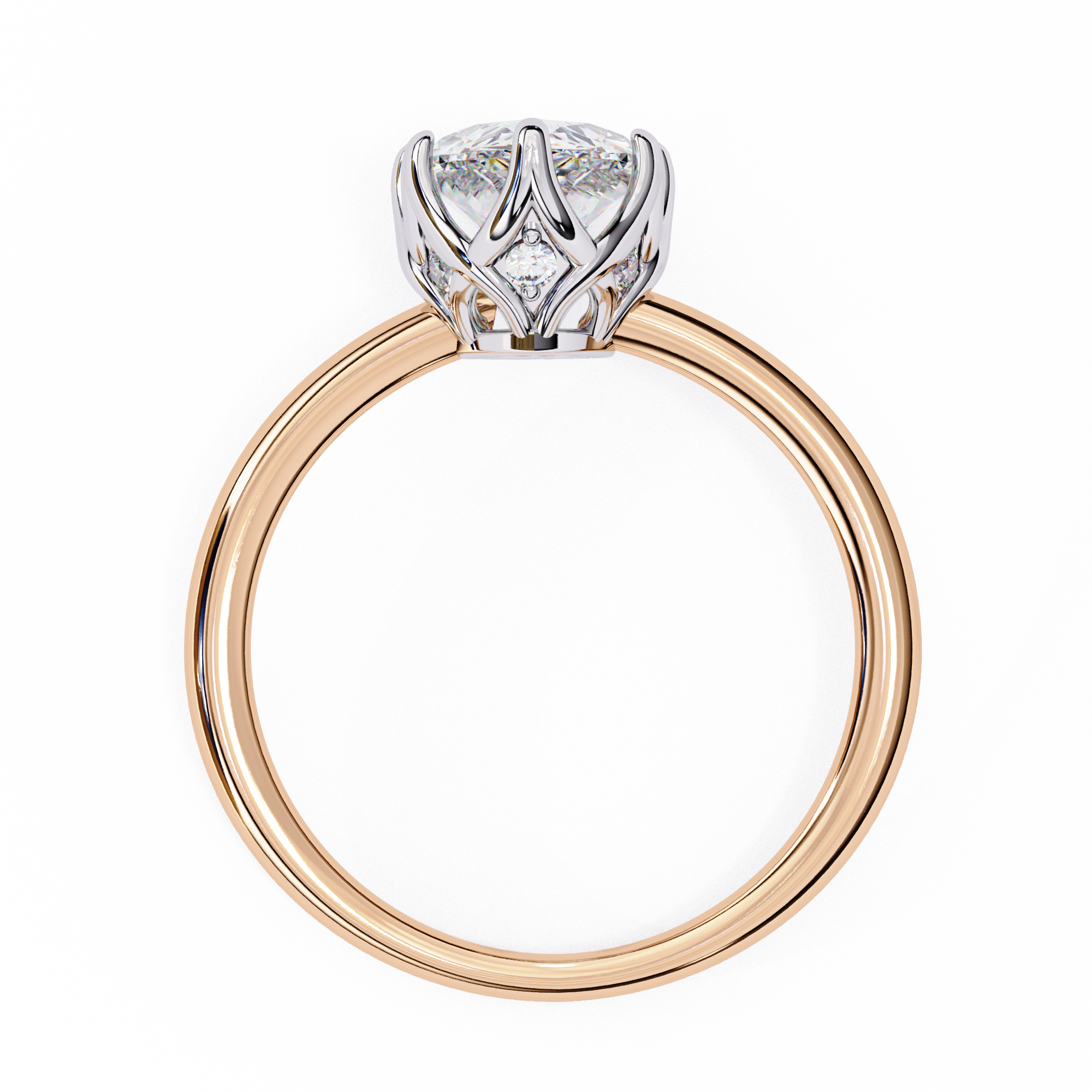Rose gold ring with a diamond on a white background