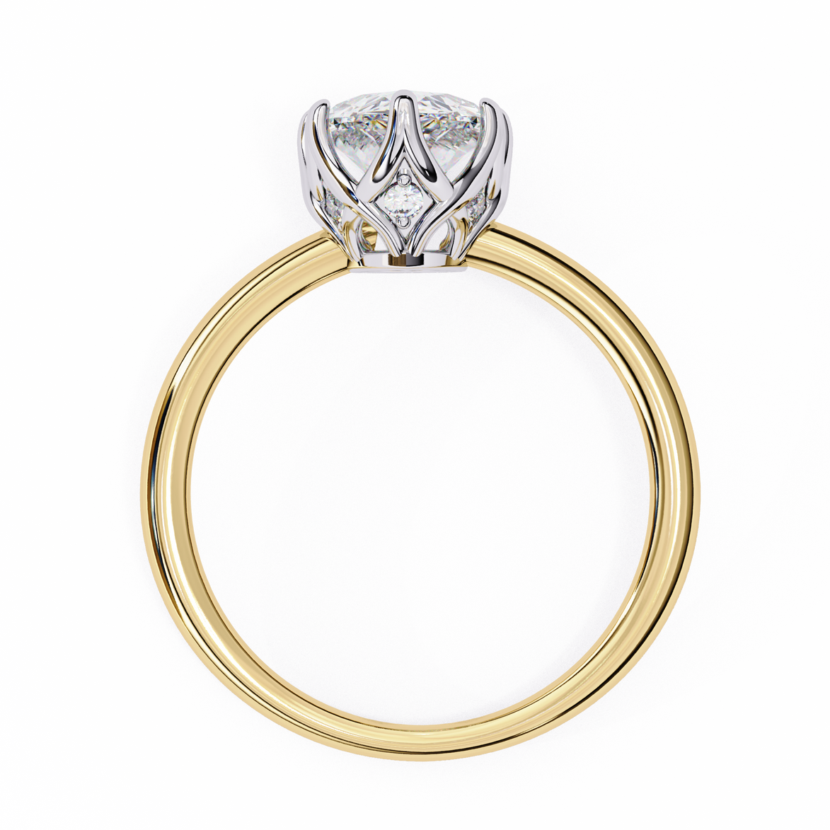 Gold ring with a diamond heart-shaped center on a white background