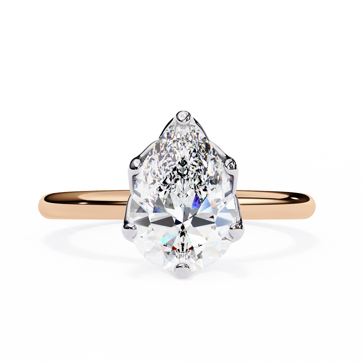 Rose gold ring with a pear-shaped diamond on a white background