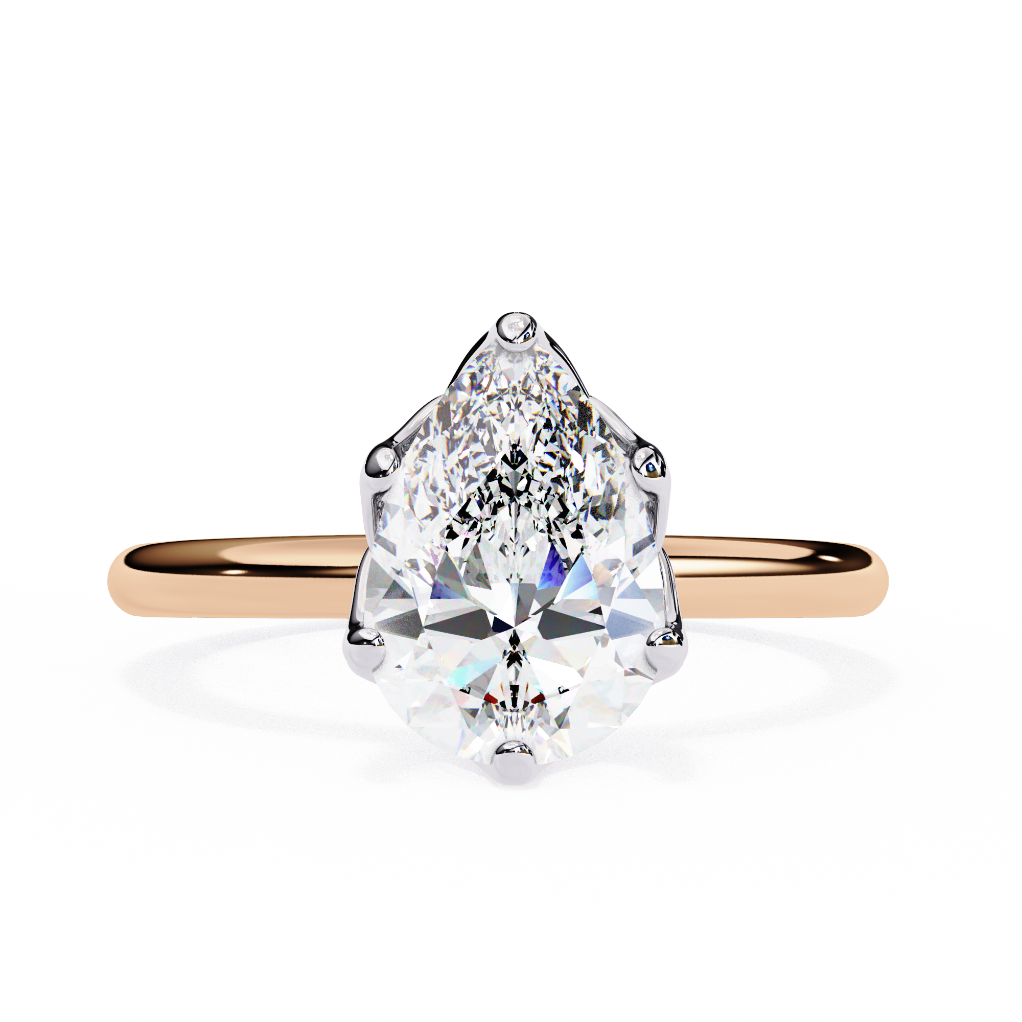 Rose gold ring with a pear-shaped diamond on a white background