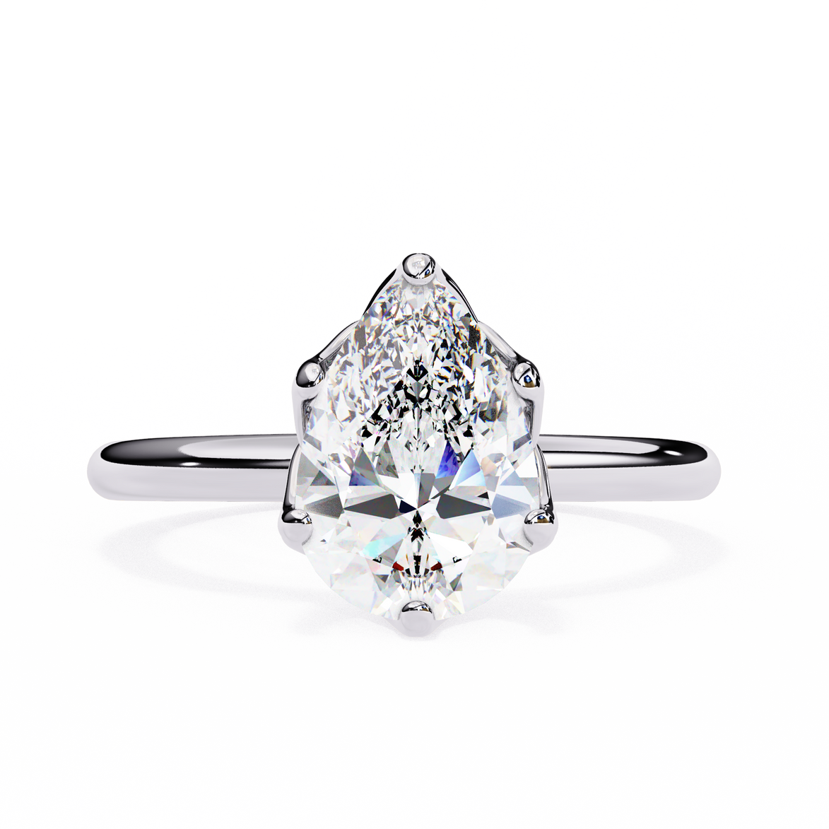 Diamond ring with pear-shaped gemstone on a white background