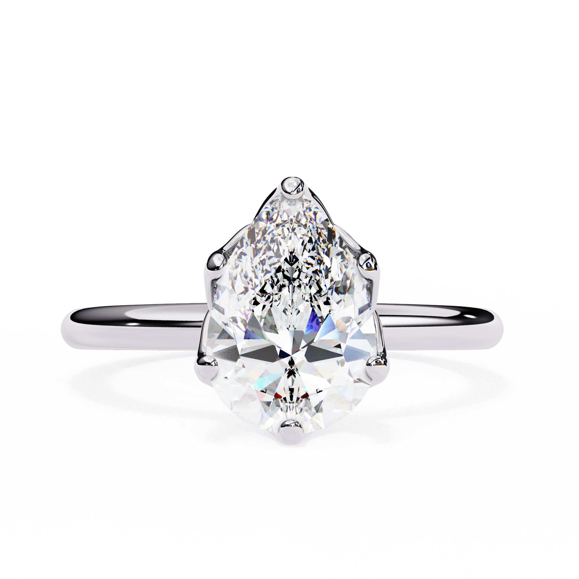 Diamond ring with pear-shaped gemstone on a white background