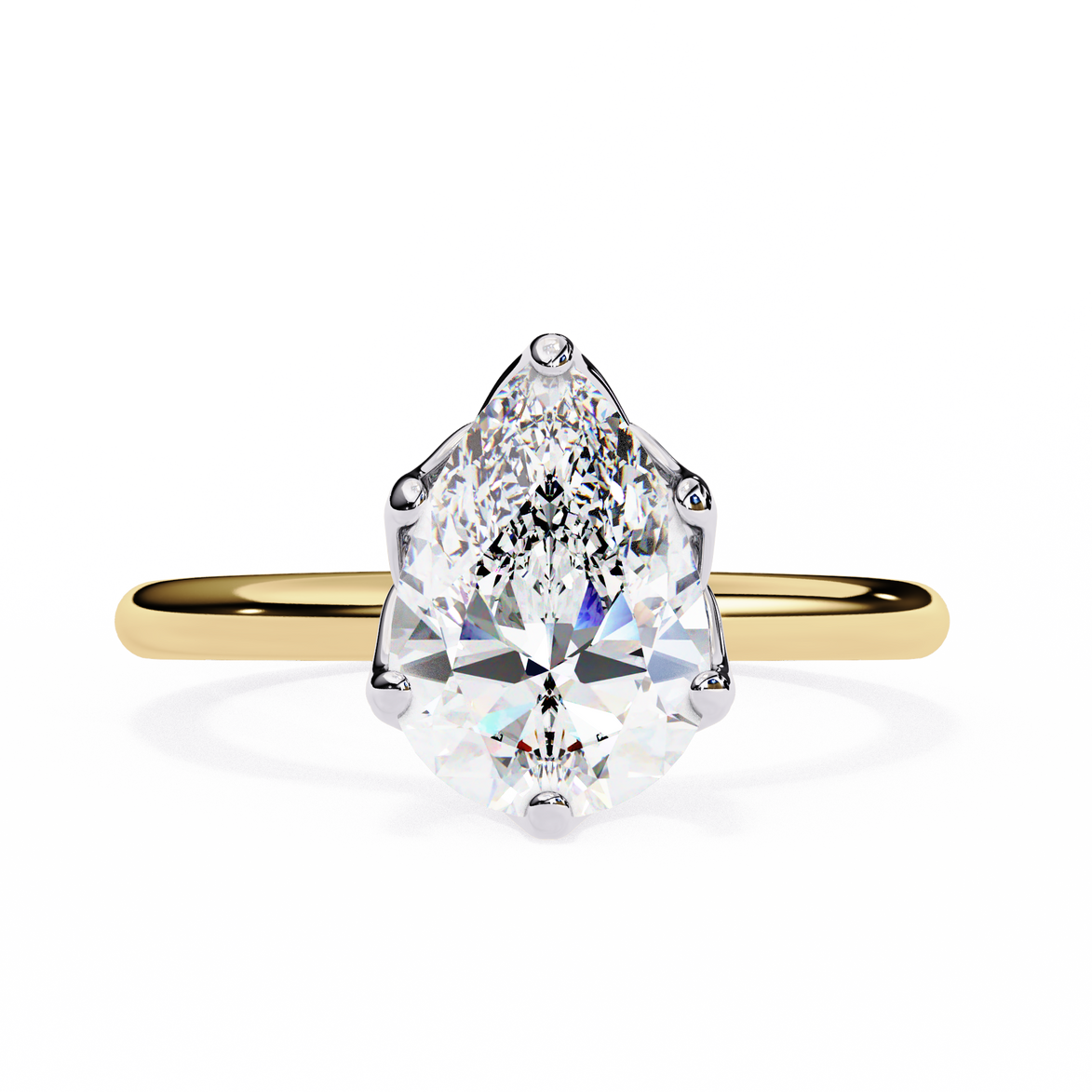 Gold ring with a pear-shaped diamond on a white background