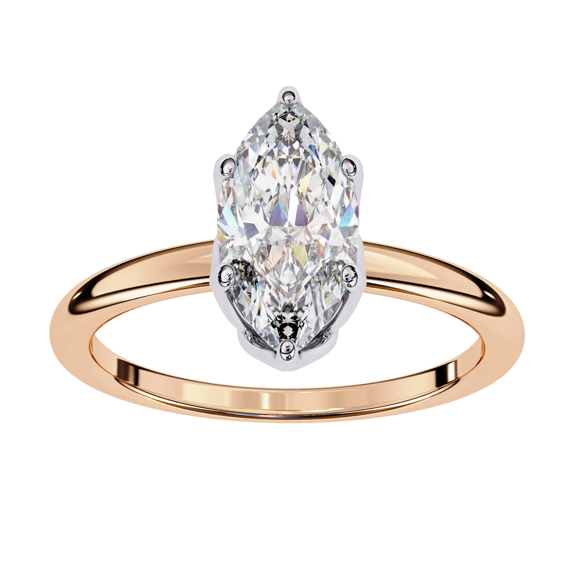 Rose gold ring with a pear-shaped diamond on a white background