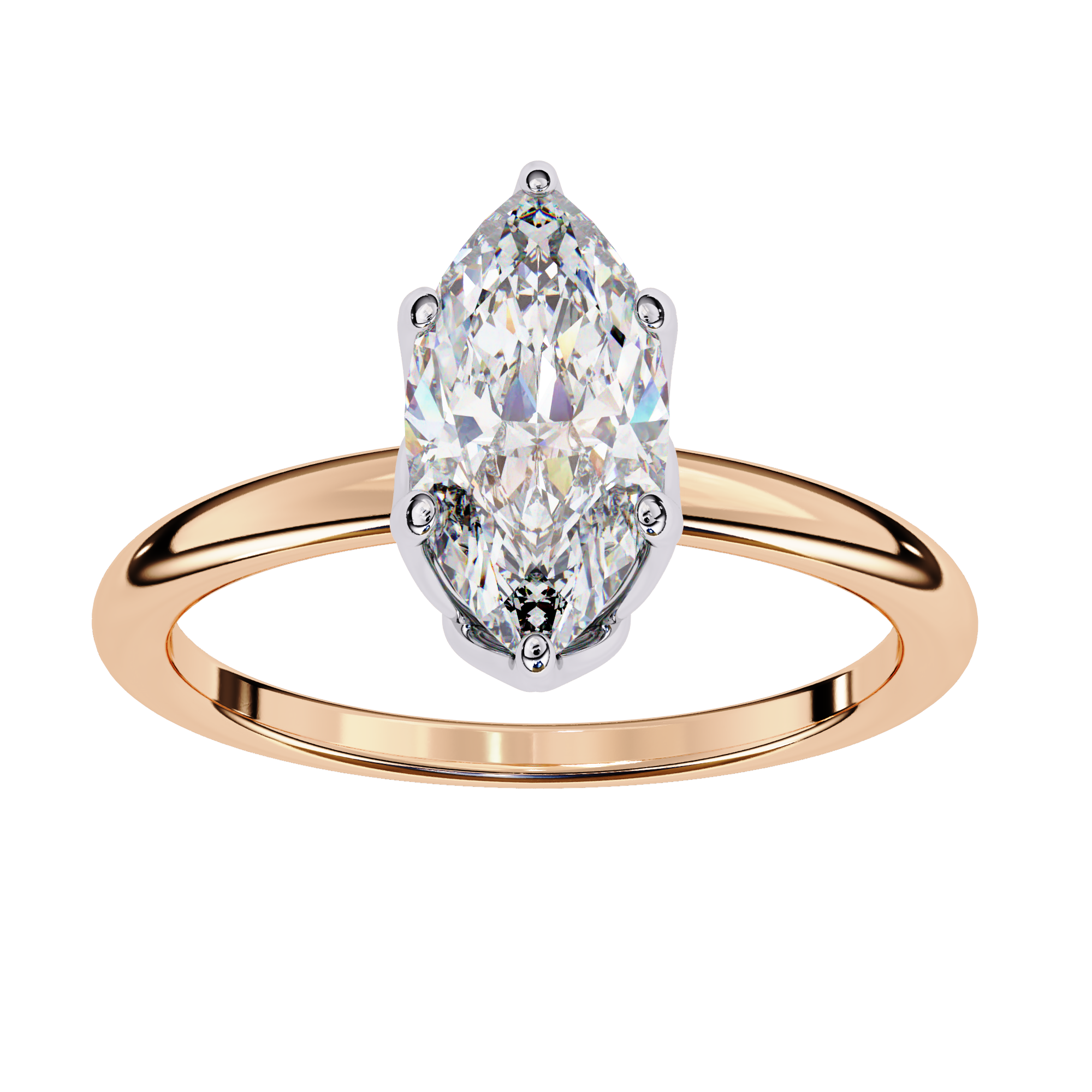 Rose gold ring with a pear-shaped diamond on a white background
