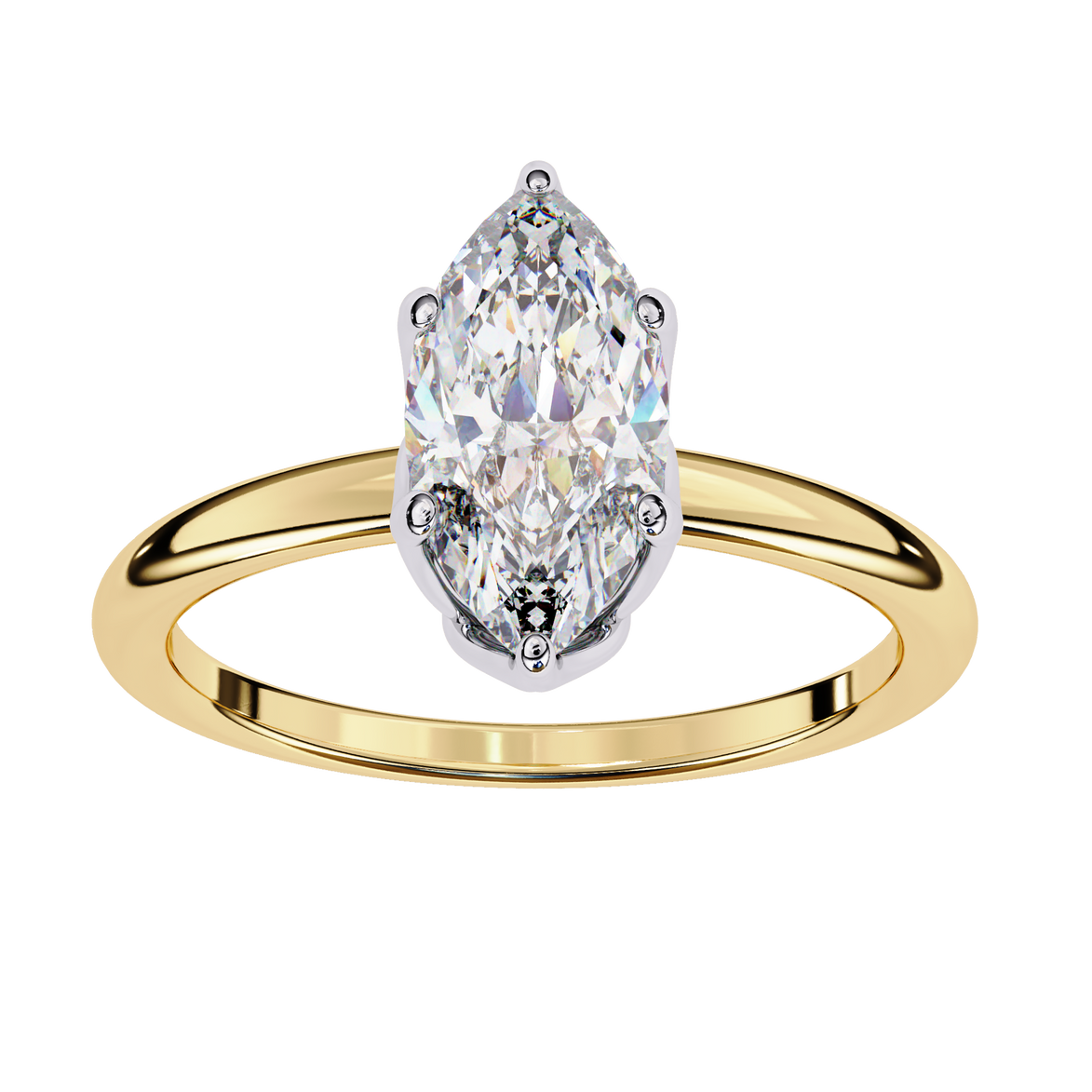 Gold ring with a pear-shaped diamond on a white background