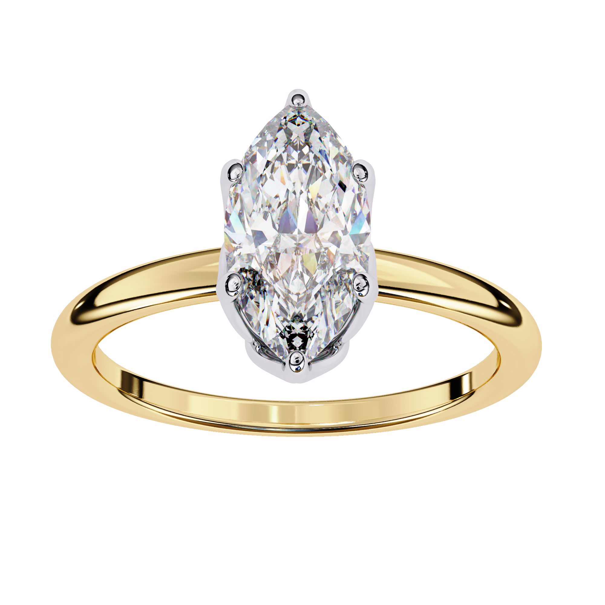 Gold ring with a pear-shaped diamond on a white background
