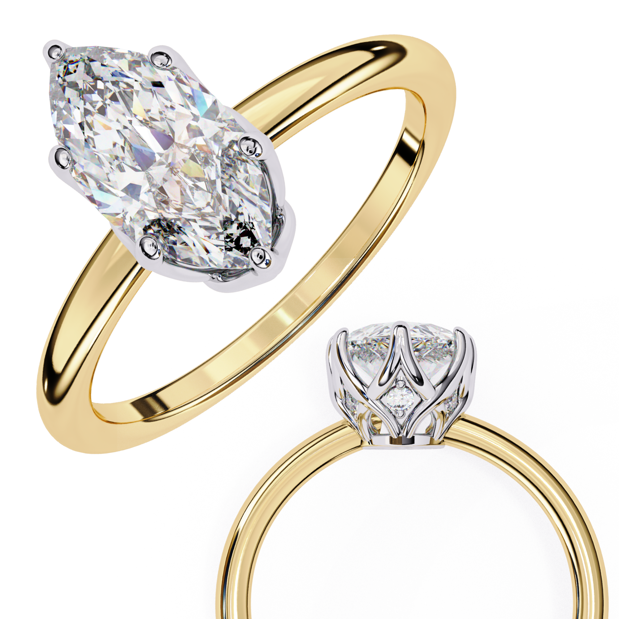 Two gold rings with diamond-like stones on a white background