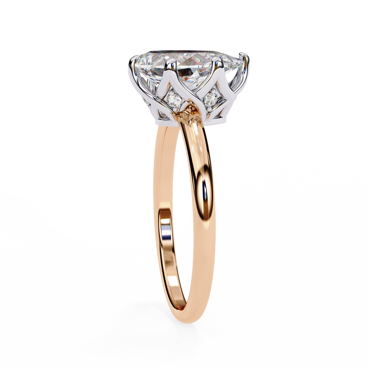 Rose gold ring with a diamond on a white background