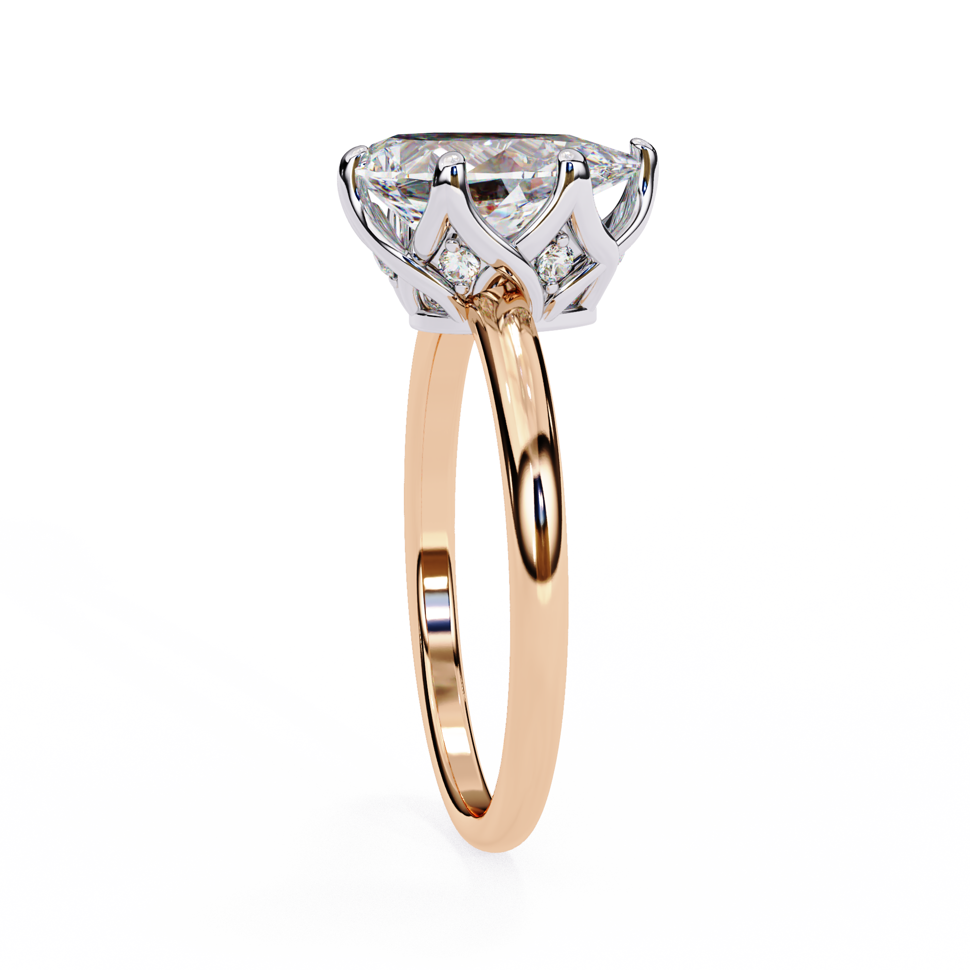 Rose gold ring with a diamond on a white background