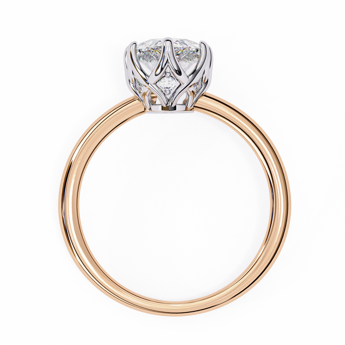 Rose gold ring with a diamond on a white background