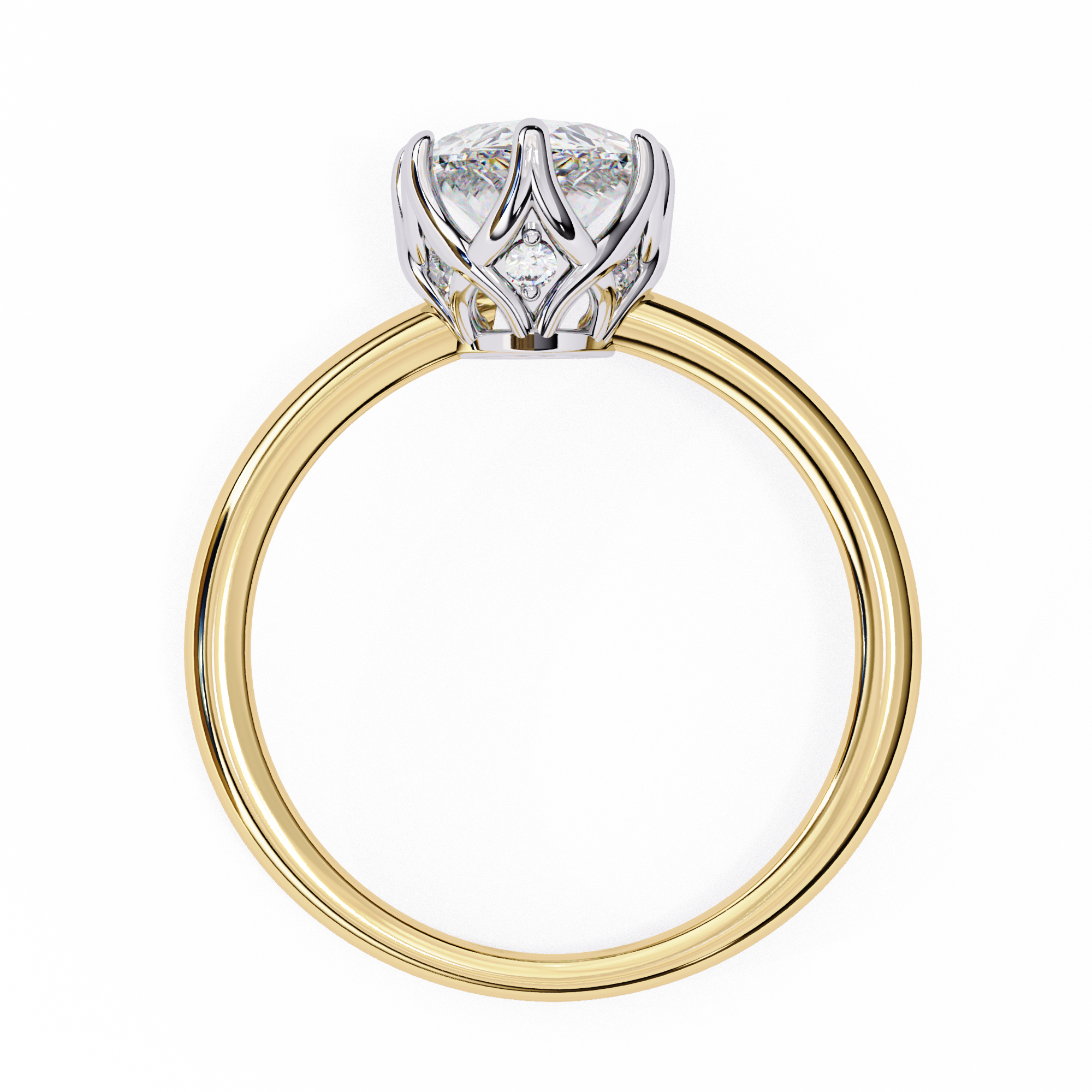 Gold ring with a diamond heart-shaped center on a white background