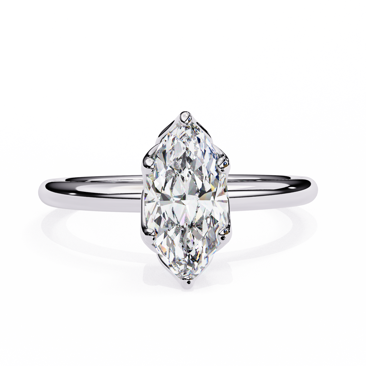 Diamond ring with a marquise-shaped gemstone on a white background