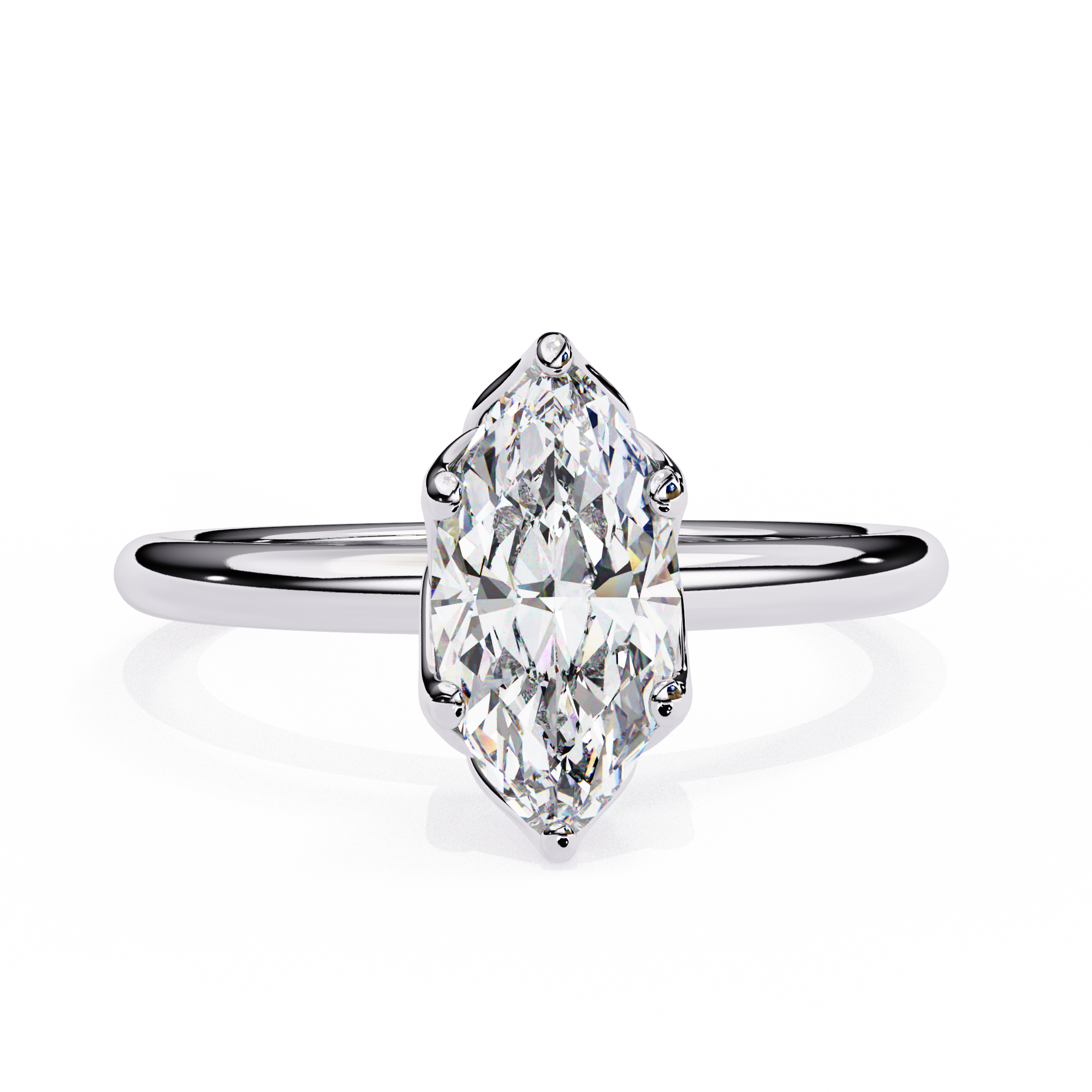 Diamond ring with a marquise-shaped gemstone on a white background