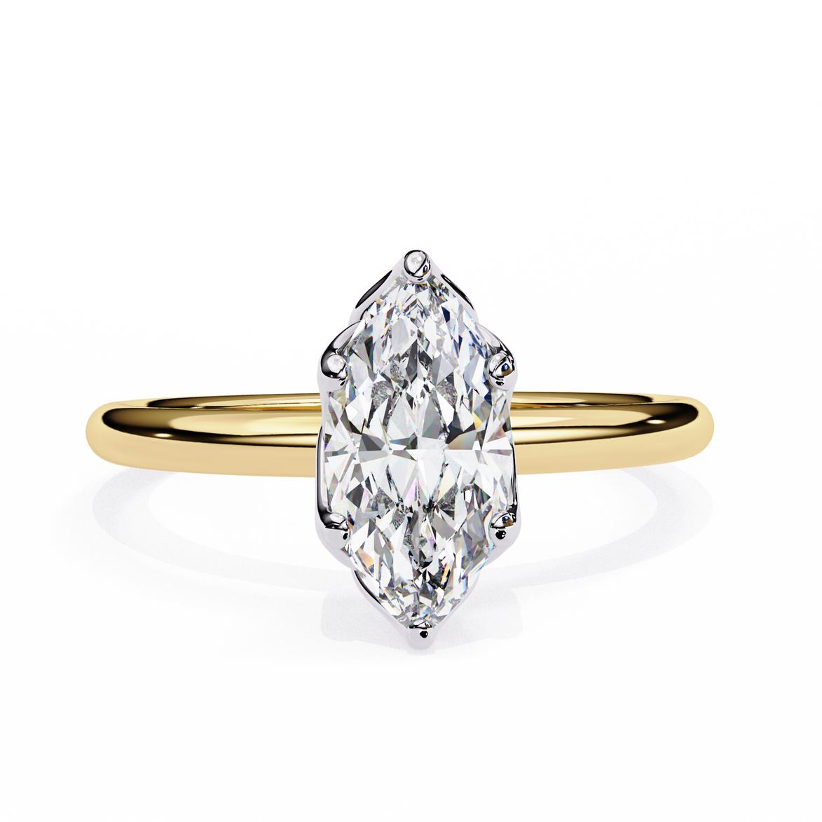Gold ring with a marquise-shaped diamond on a white background