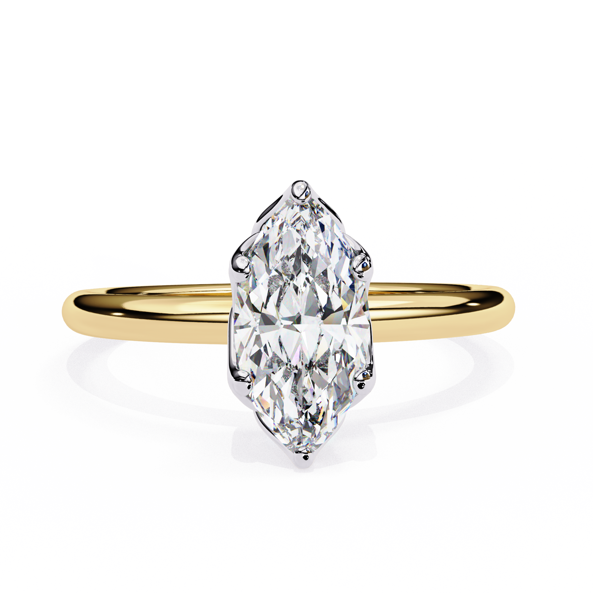 Gold ring with a marquise-shaped diamond on a white background