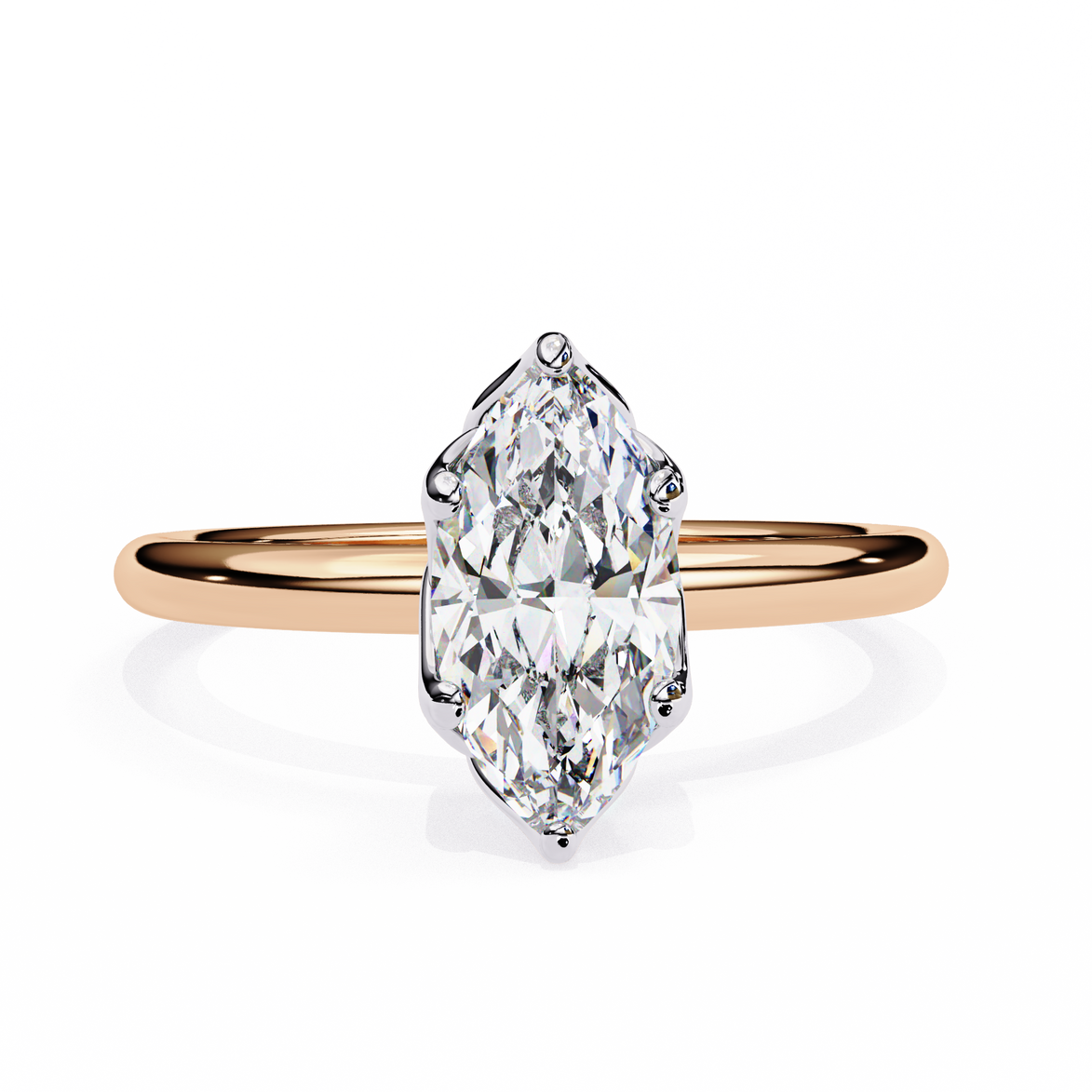 Rose gold ring with a marquise-shaped diamond on a white background