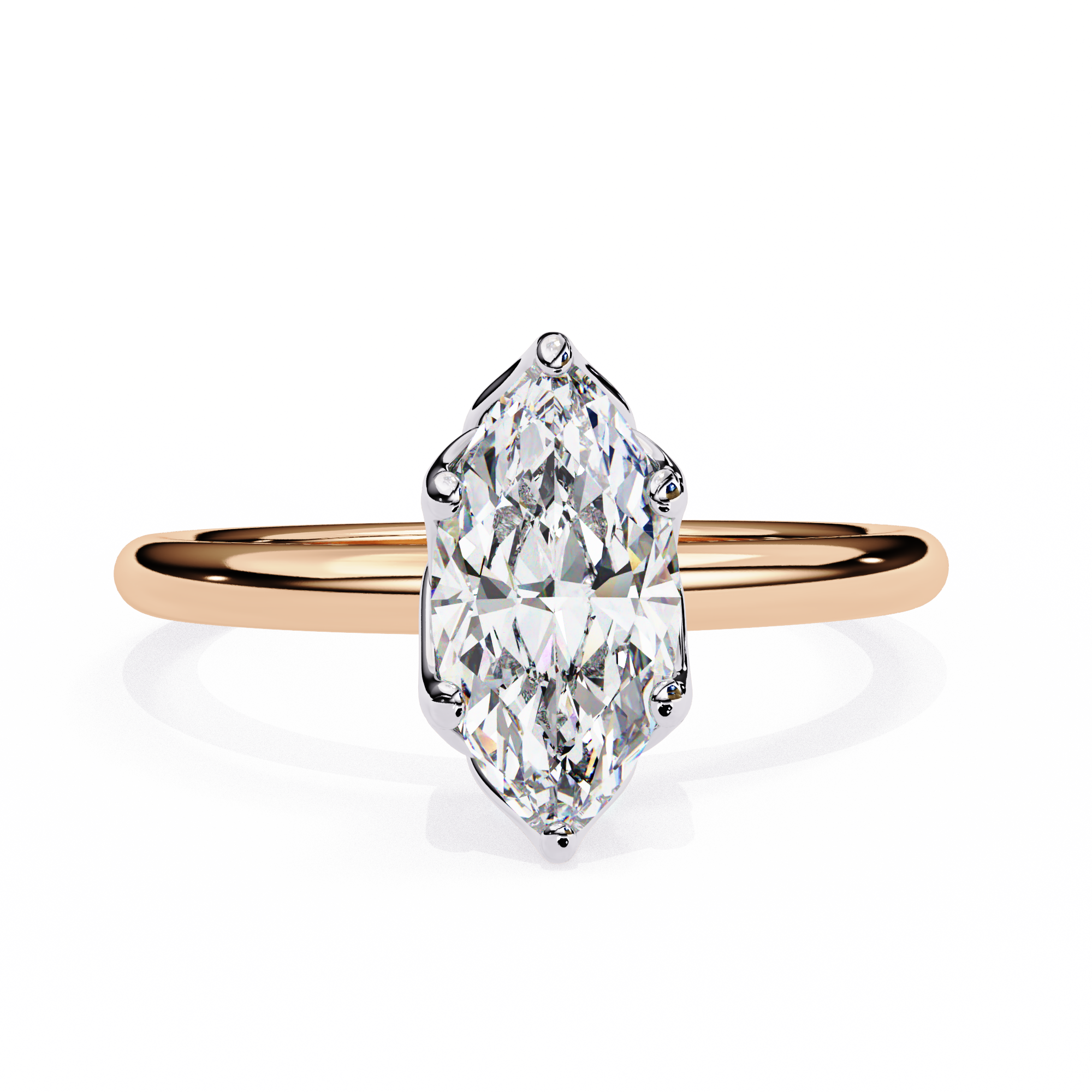 Rose gold ring with a marquise-shaped diamond on a white background