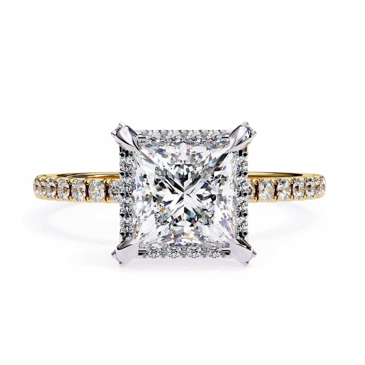 Diamond ring with a large central gemstone and smaller stones on a white background