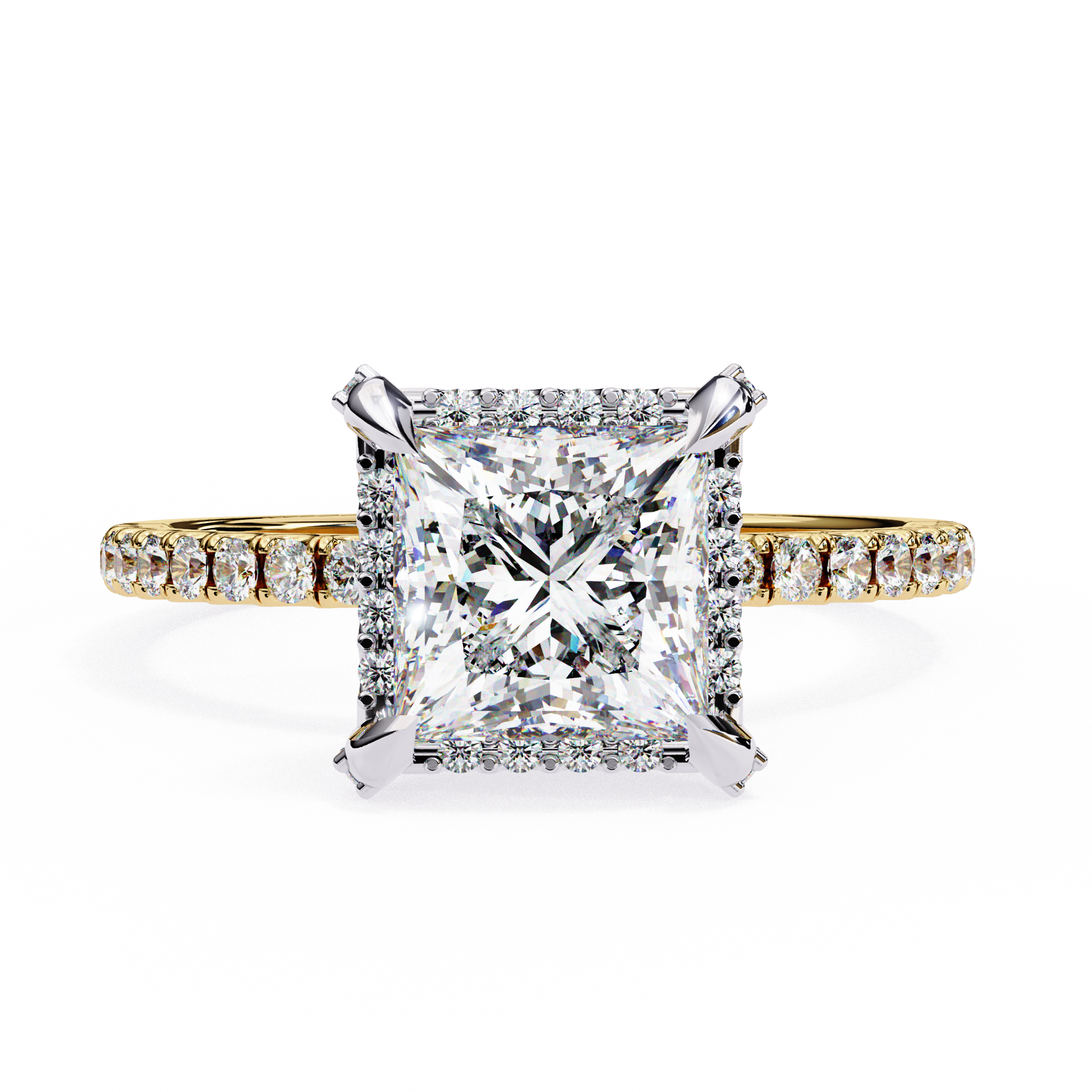 Diamond ring with a large central gemstone and smaller stones on a white background