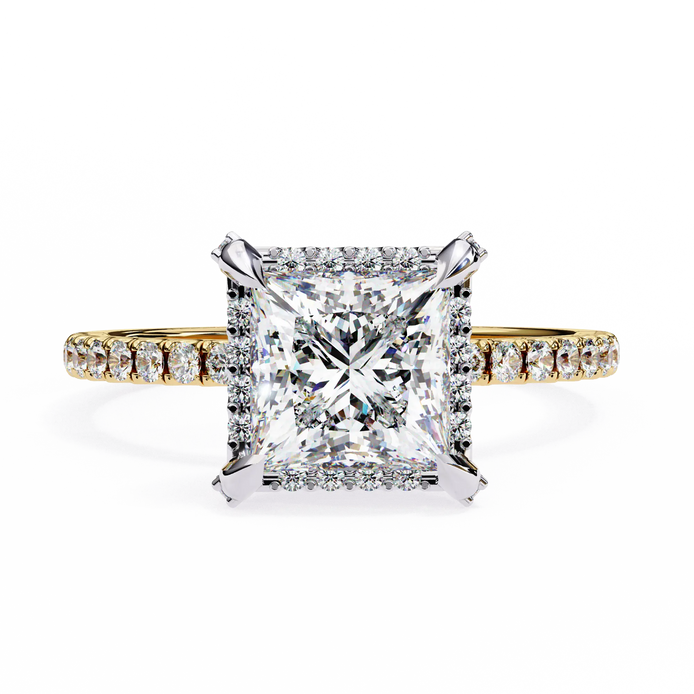 Diamond ring with a large central gemstone and smaller stones on a white background