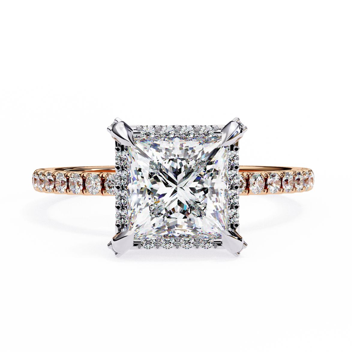 Diamond ring with a square-cut center stone on a white background