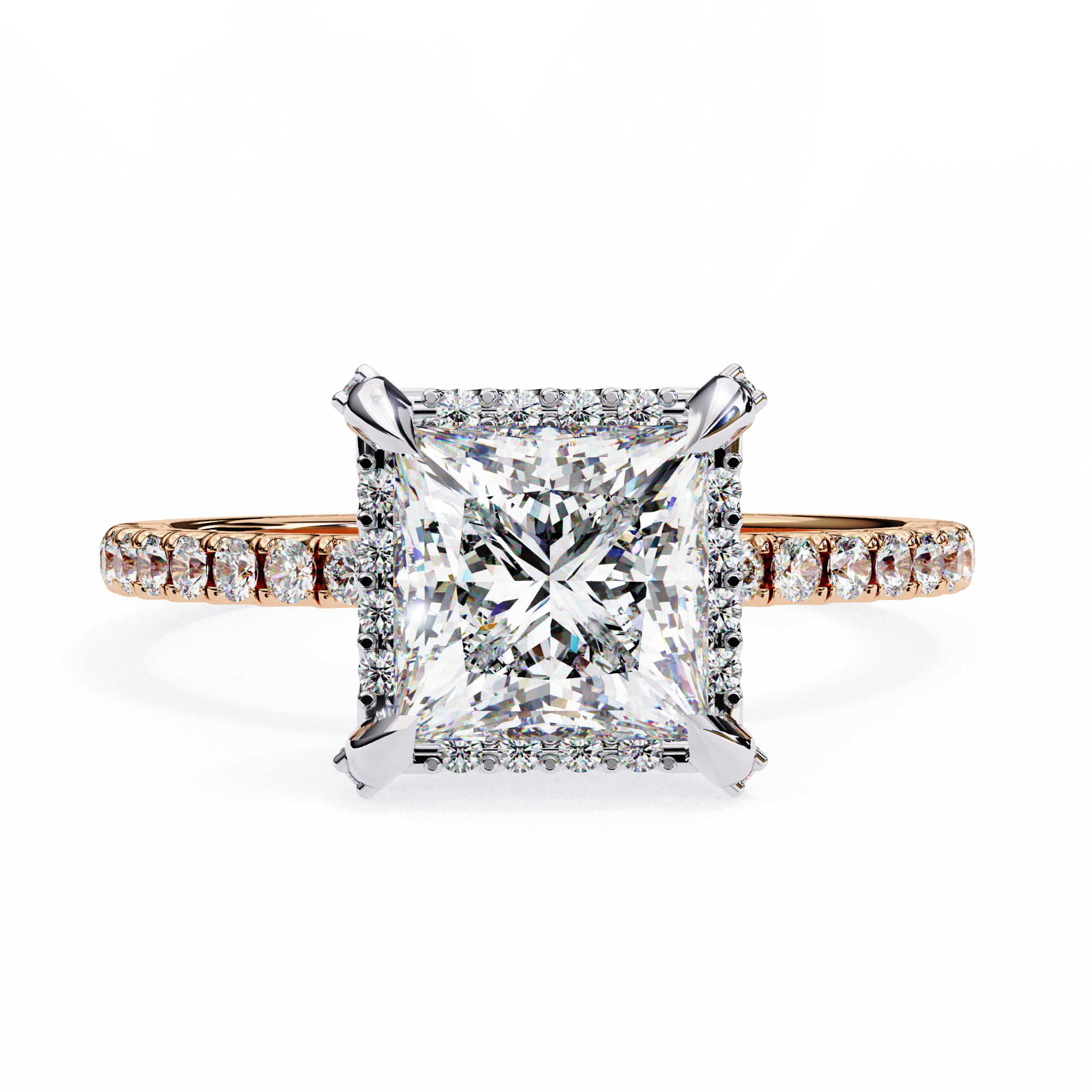 Diamond ring with a square-cut center stone on a white background