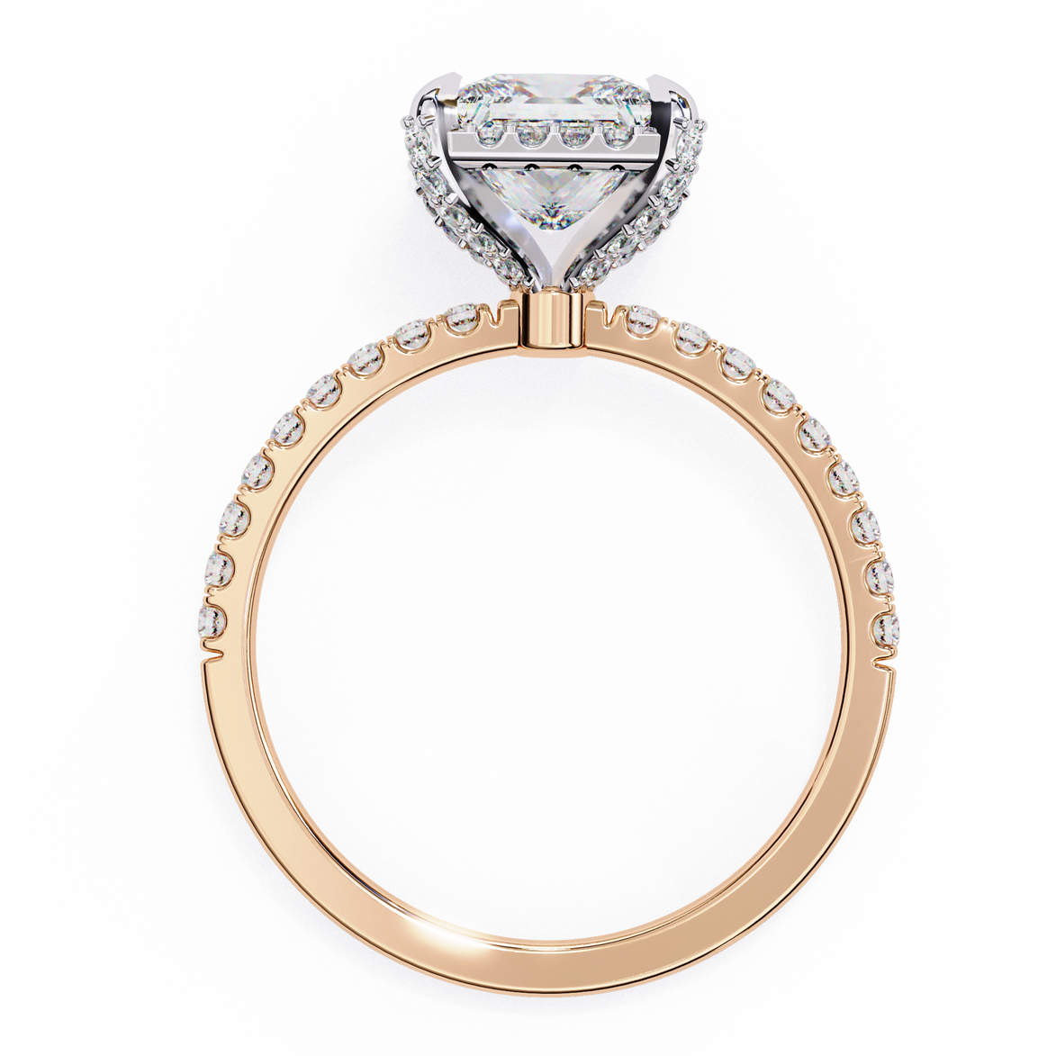 Rose gold ring with a heart-shaped diamond on a white background