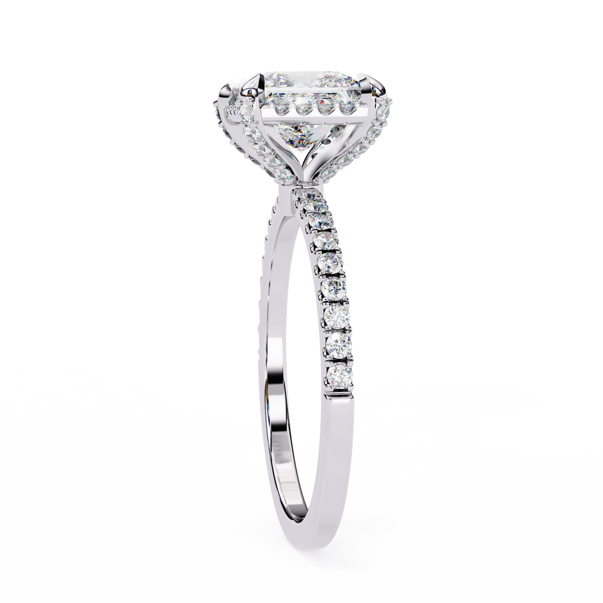 Diamond ring with a halo-style setting on a white background