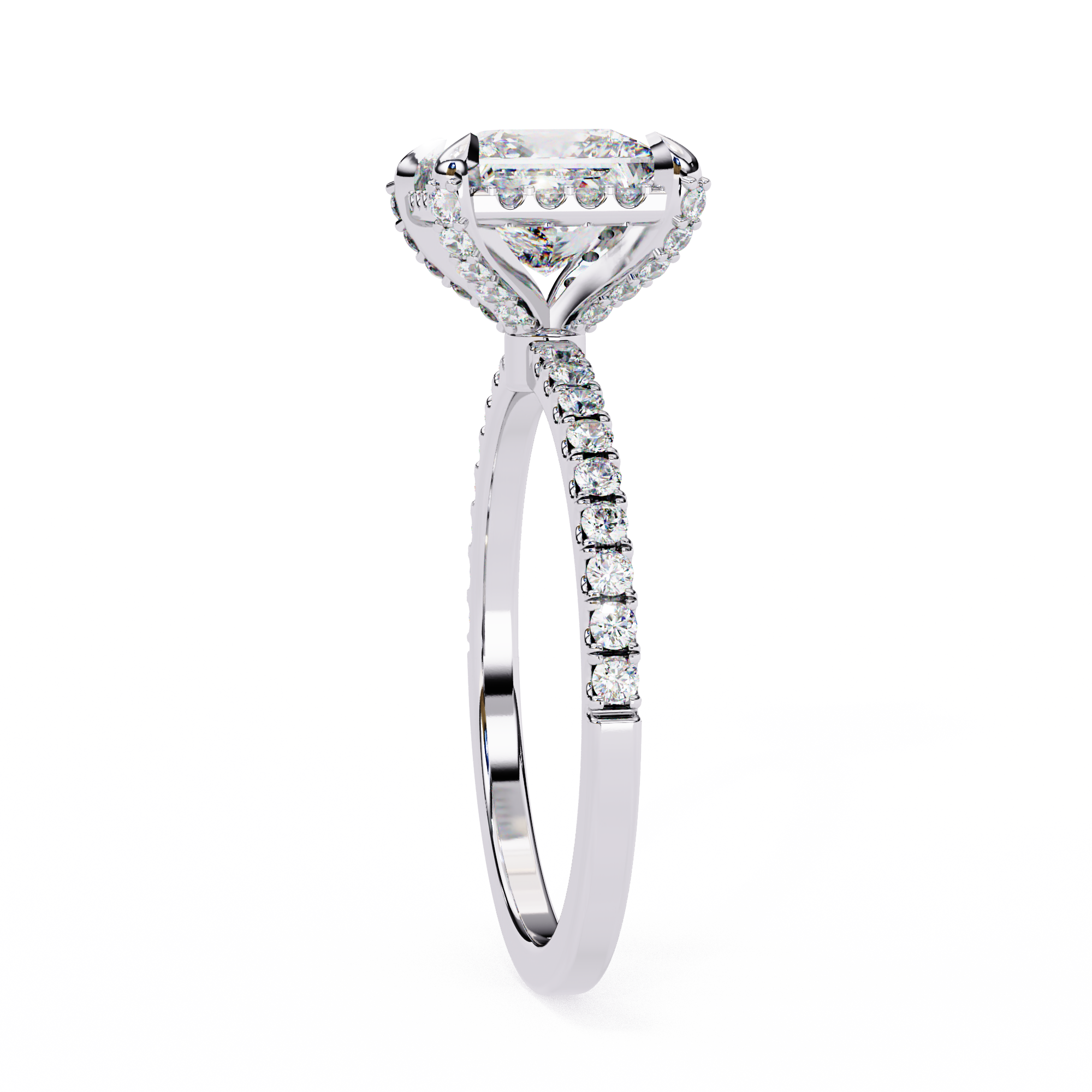 Diamond ring with a halo-style setting on a white background