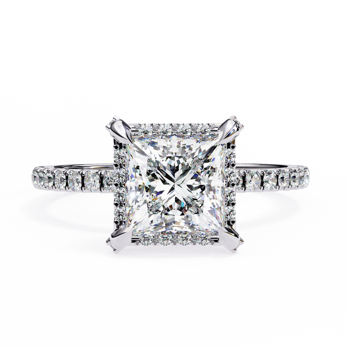 Diamond ring with a square-cut center stone on a white background