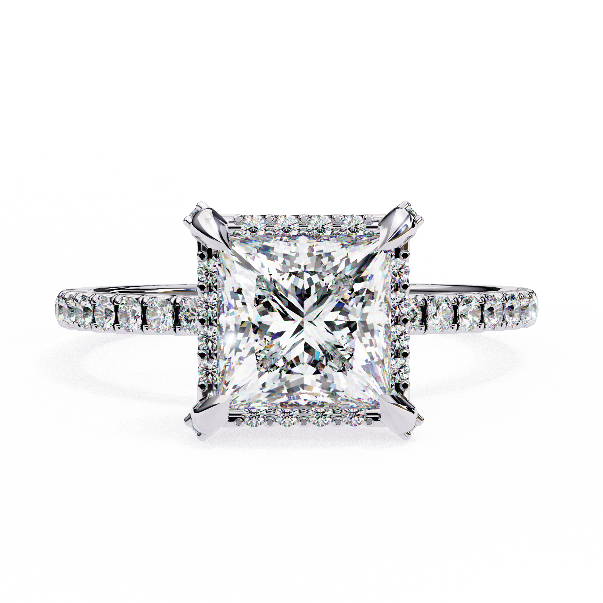 Diamond ring with a square-cut center stone on a white background