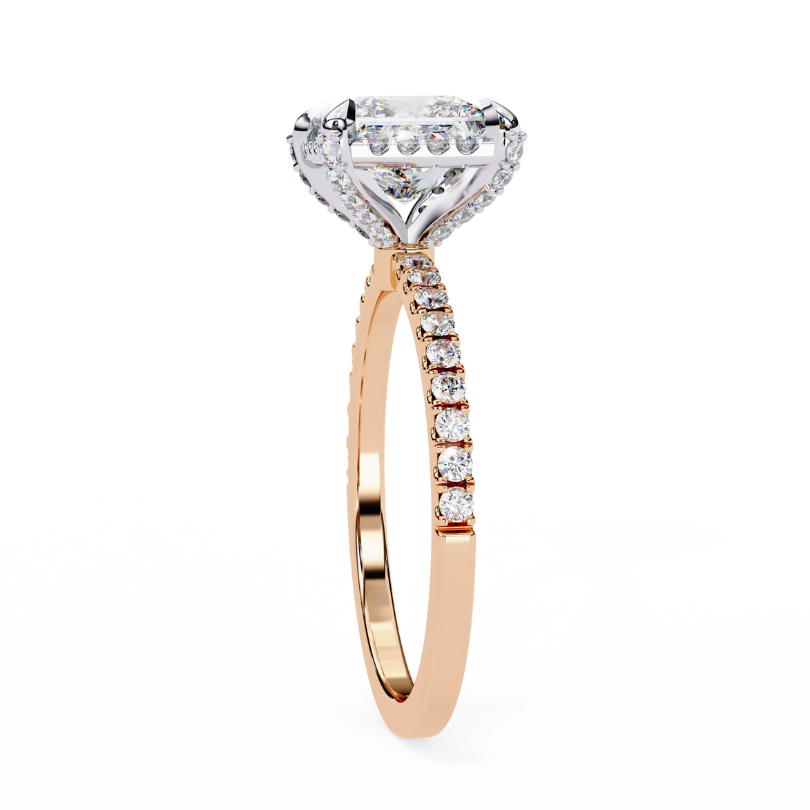 Rose gold ring with diamond band on a white background