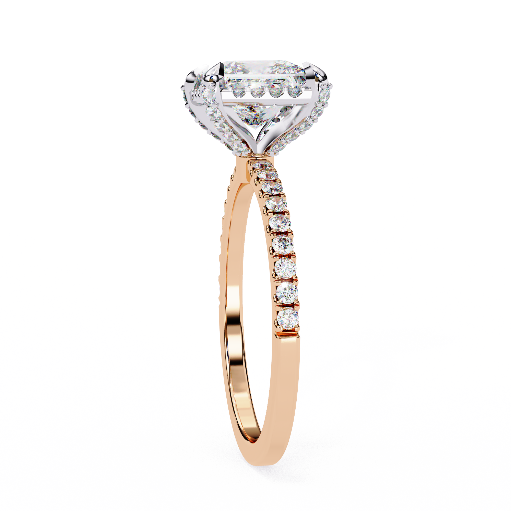 Rose gold ring with diamond band on a white background
