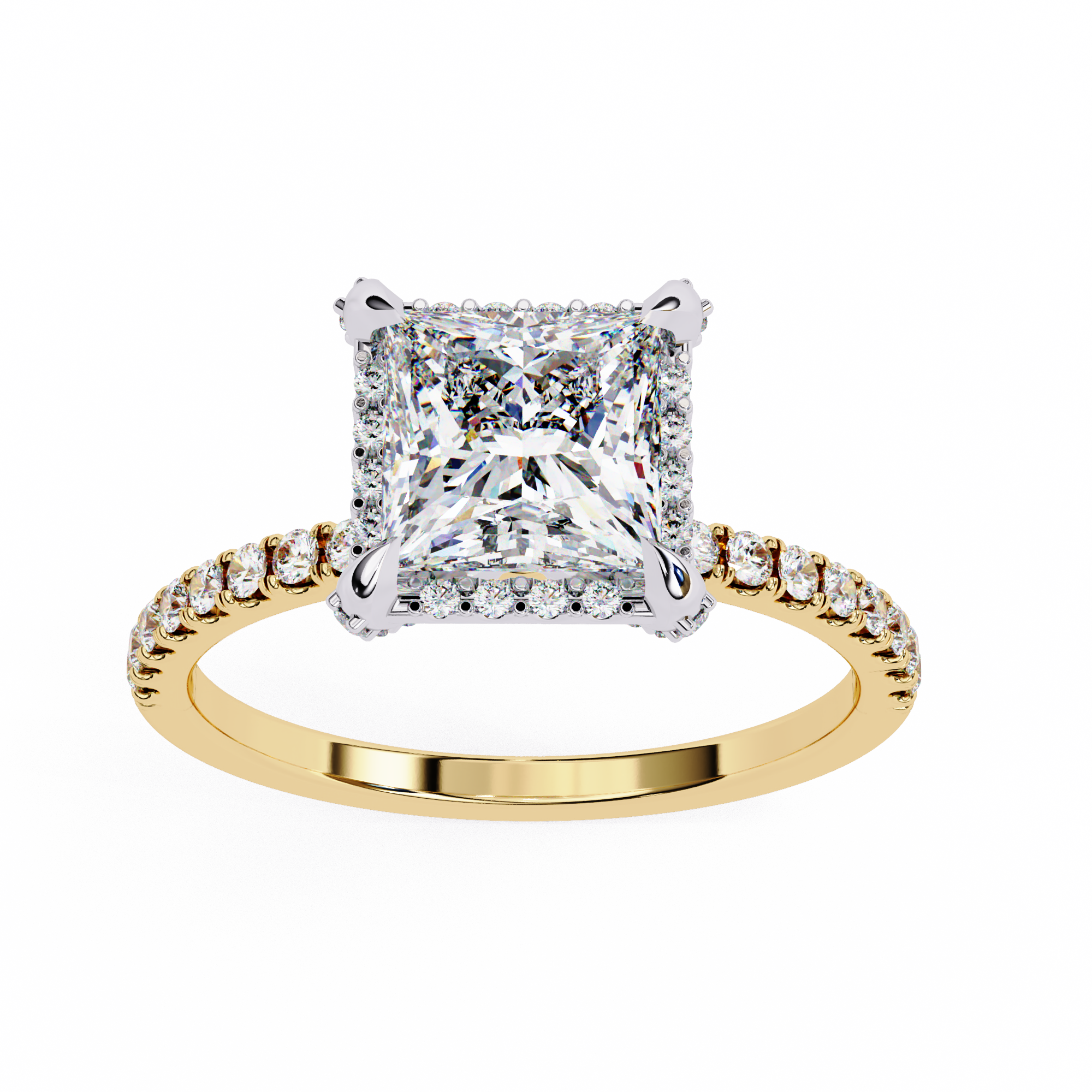 Gold ring with a large diamond and smaller diamonds on the band against a white background