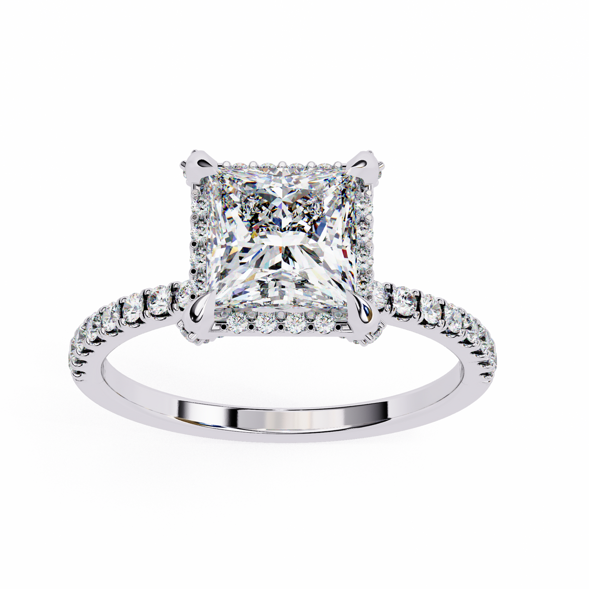 Diamond ring with a prominent central stone and smaller stones on the band against a white background