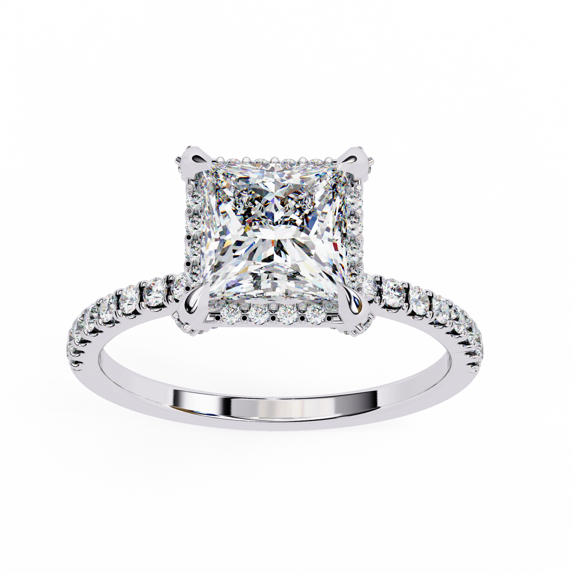 Diamond ring with a prominent central stone and smaller stones on the band against a white background