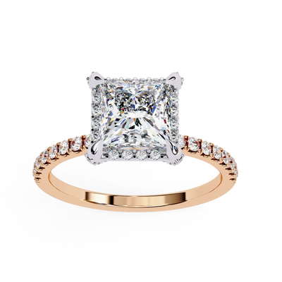 Rose gold ring with a large diamond and smaller diamonds on the band against a white background