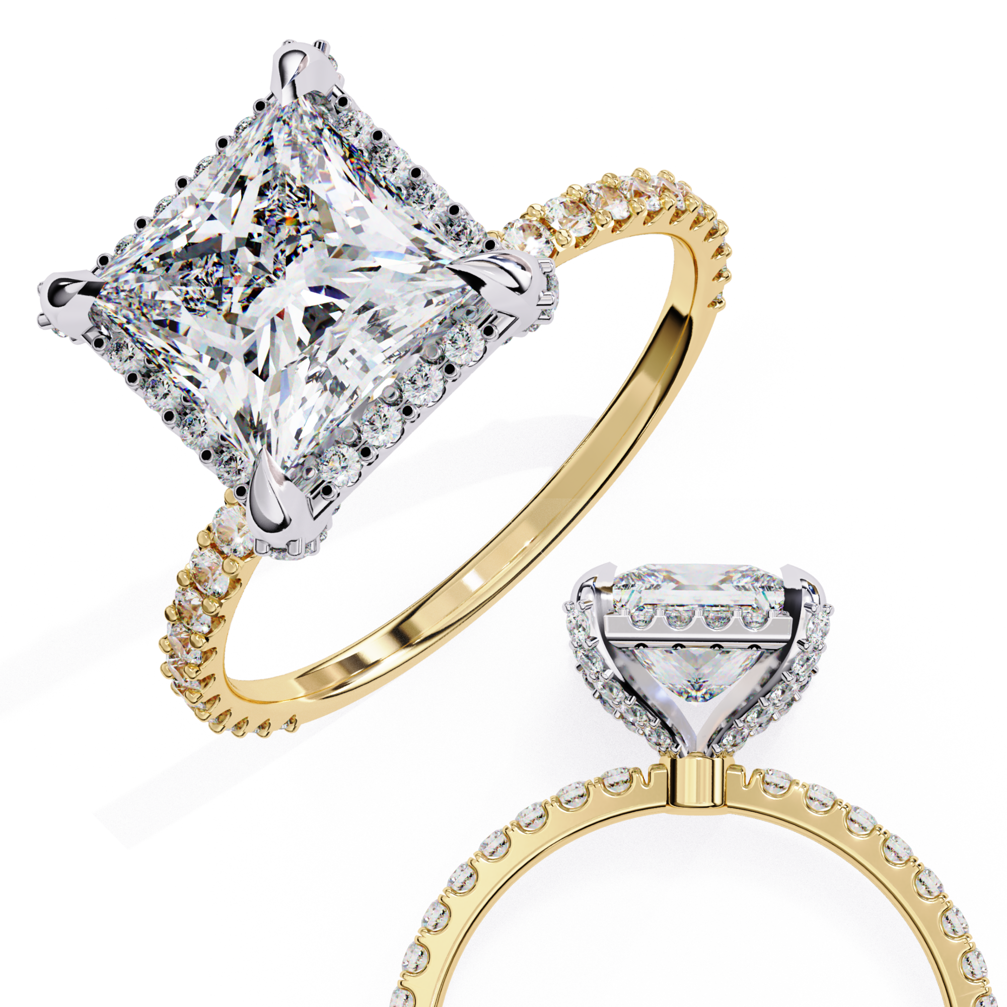Two diamond rings with gold bands on a white background