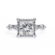 Diamond ring with a princess-cut center stone on a white background