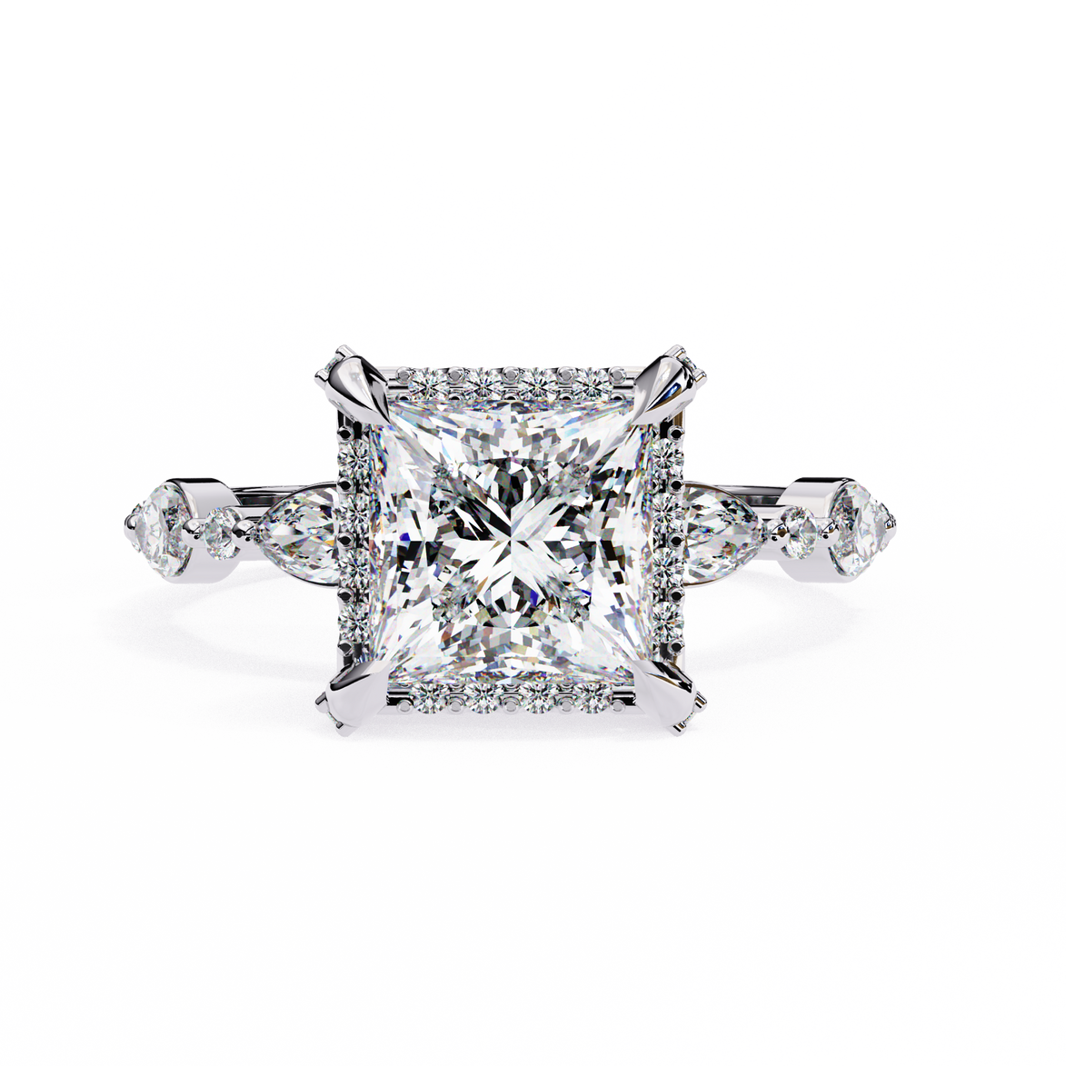 Diamond ring with a princess-cut center stone on a white background