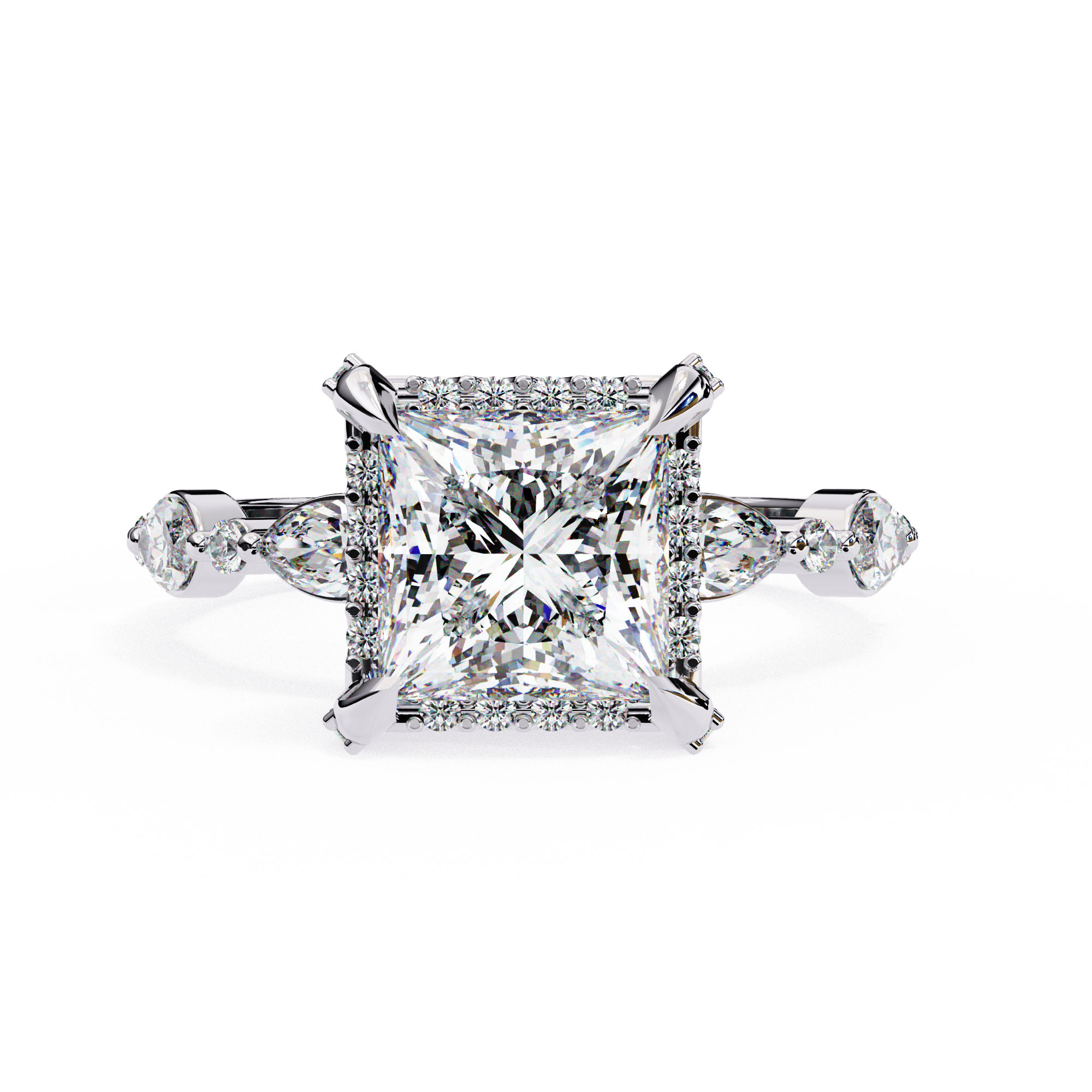 Diamond ring with a princess-cut center stone on a white background