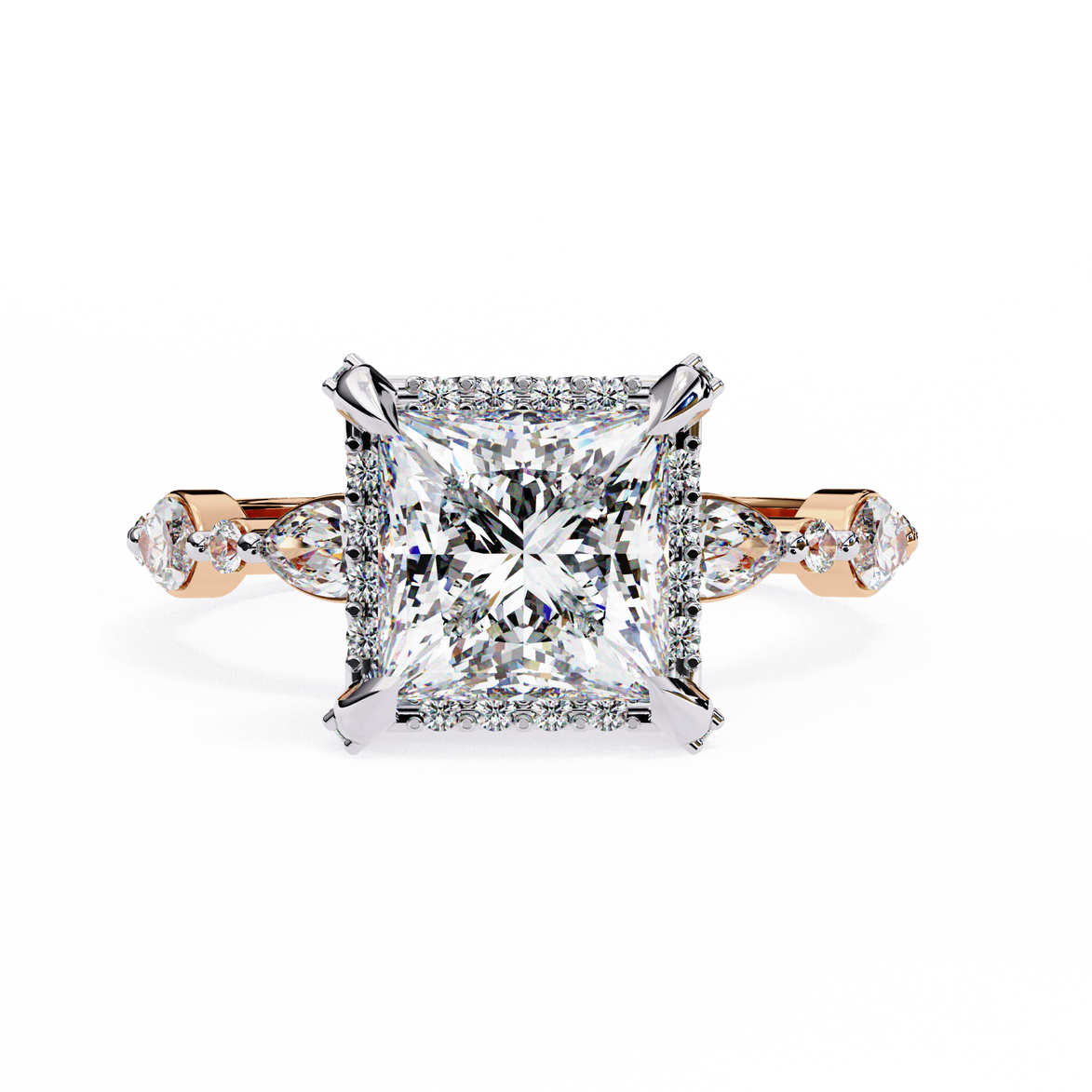 Diamond ring with a rose gold band on a white background